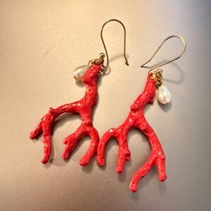 Red Enamel Coral with Single Pearl Dangle Earrings